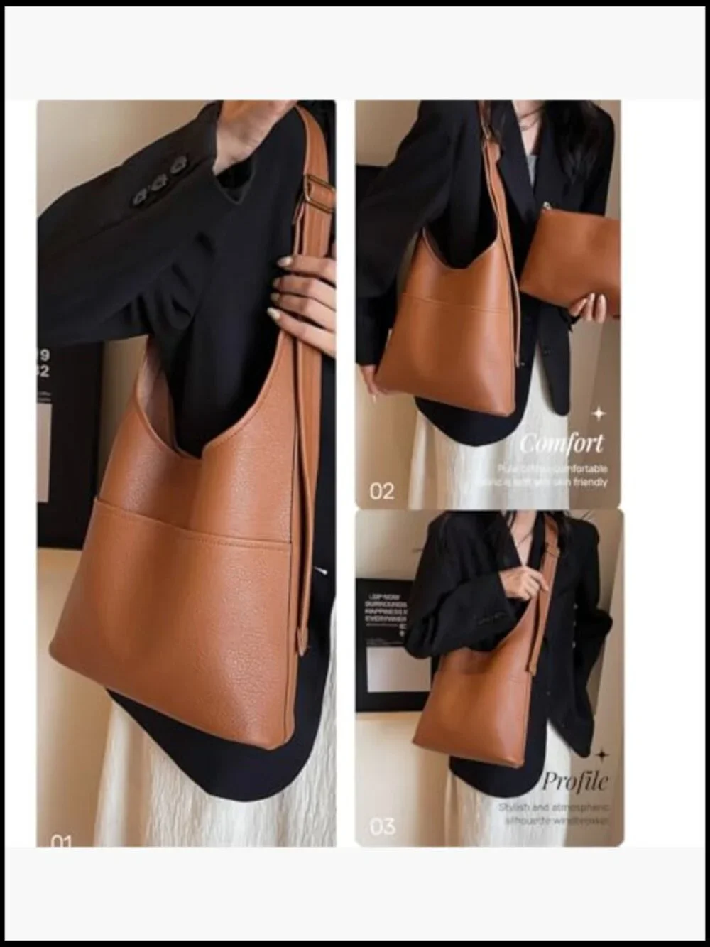 Slouchy Hobo Tote Bag Vegan Leather Zipper Closure Detachable Pouch Work Travel